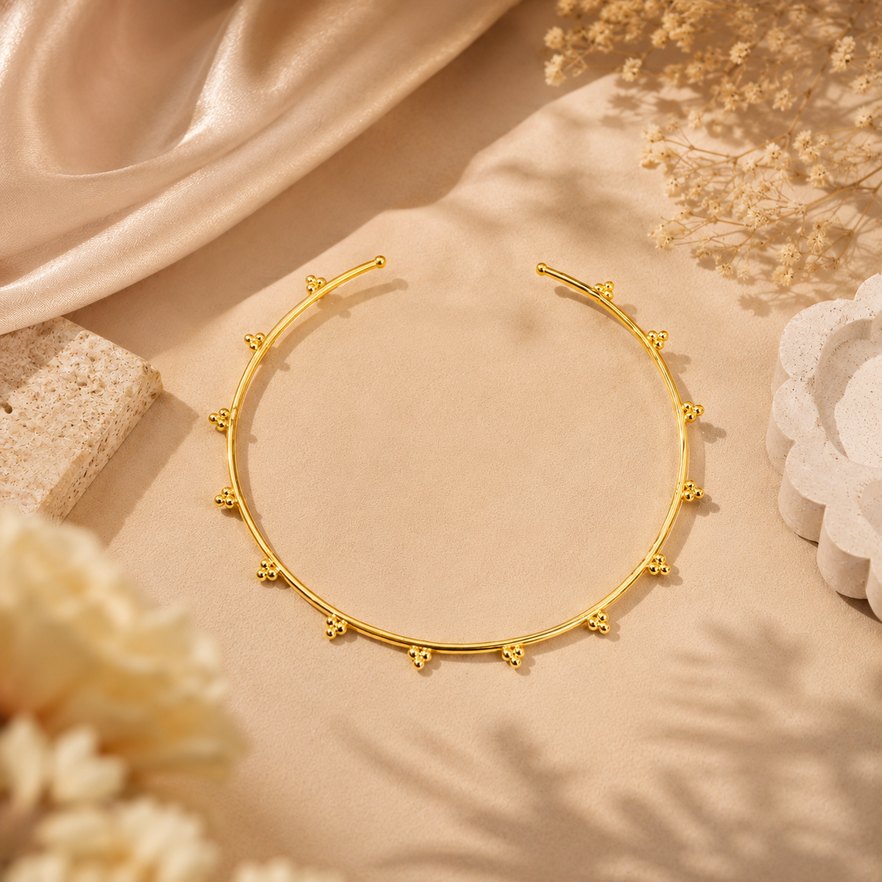 Elegant Beaded Hasli made of Brass - 18 Kt Gold Plated Minimalist Beaded Hasli Necklace for Women