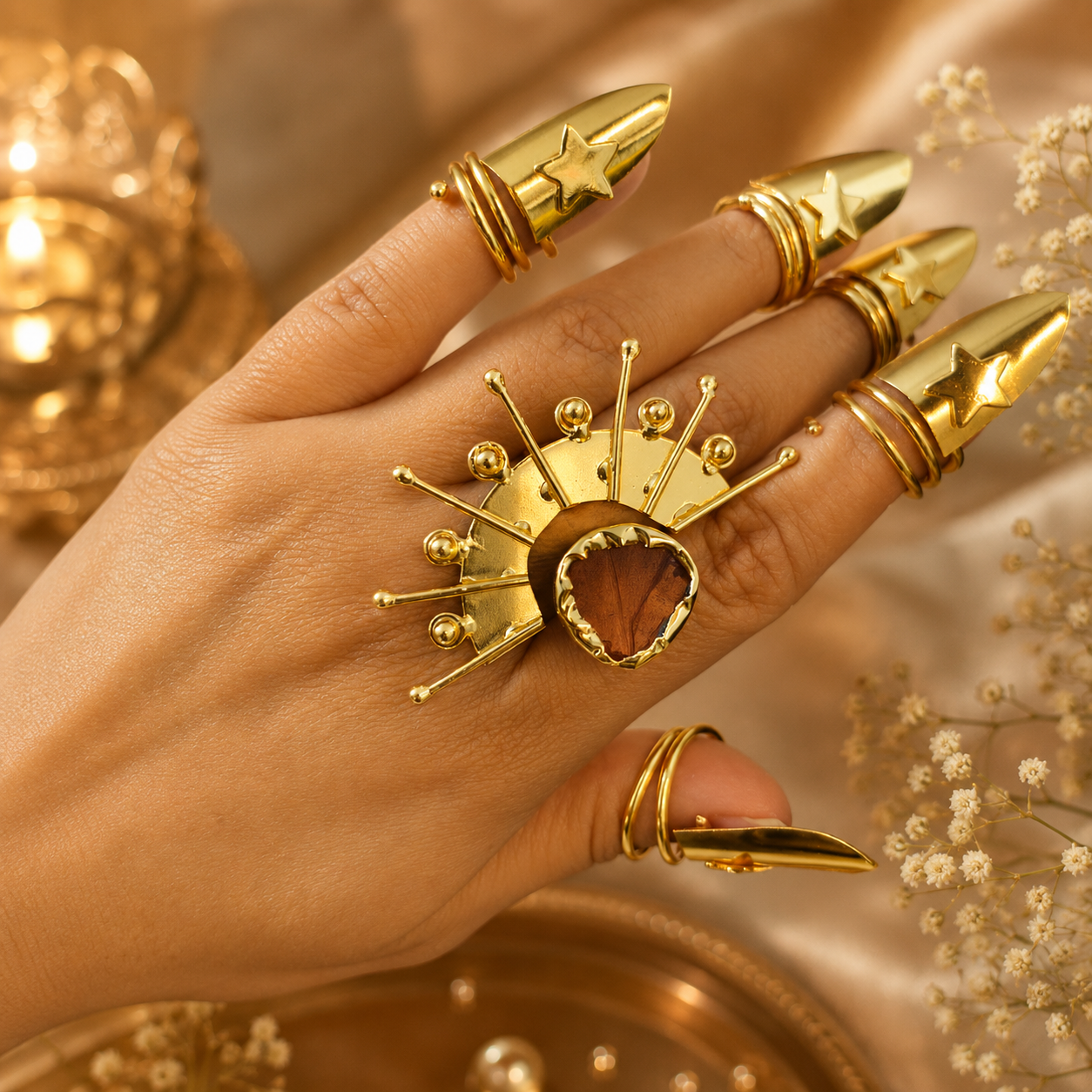 Bold Semi precious stone ring - 18 Kt Gold Plated Sunburst Statement Ring with Chocolate Brown Stone for Women