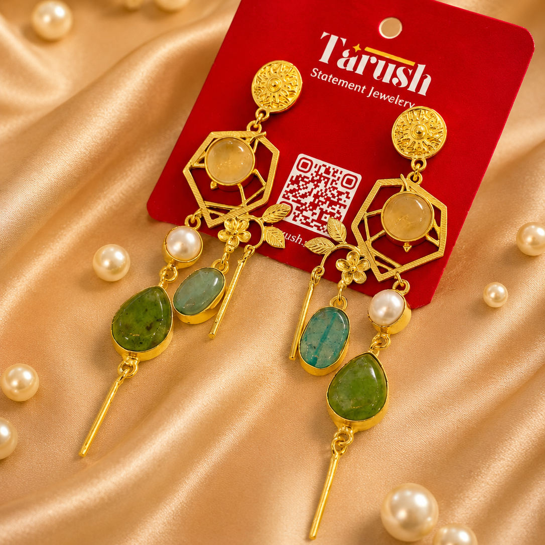 Sage Lagoon Earrings - 18 Kt Gold Pated - Decorated with Semi precious stones - Perfect for all occasions
