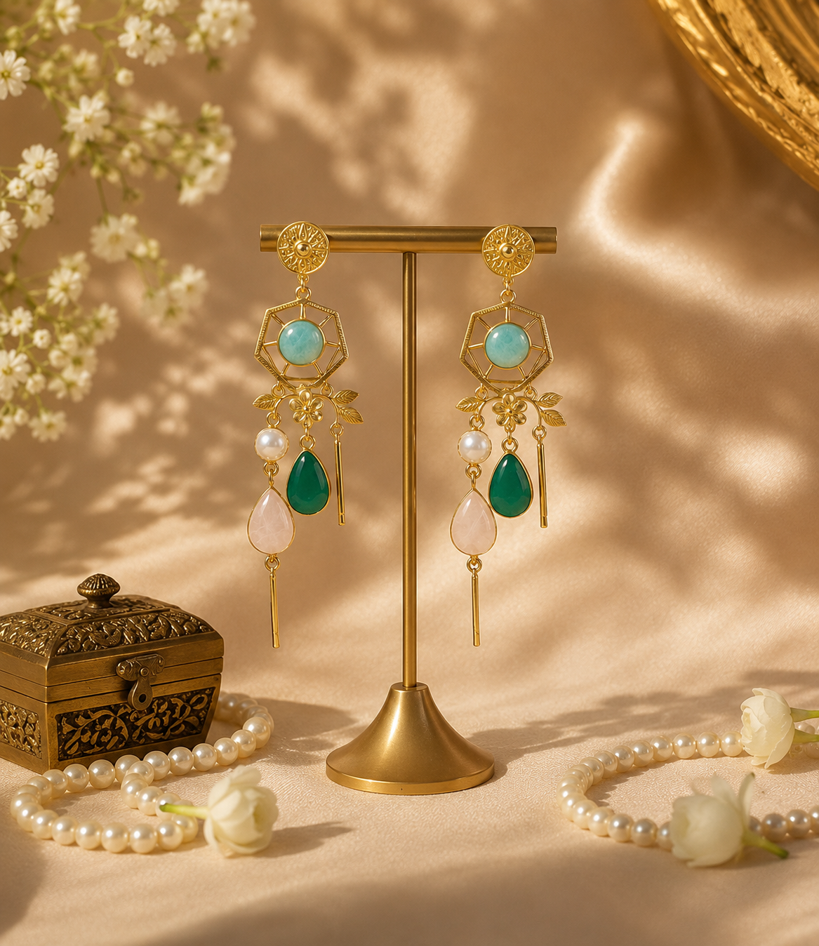 Emerald Dew Earrings - 18 Kt Gold Pated - Decorated with Semi precious stones - Perfect for all occasions