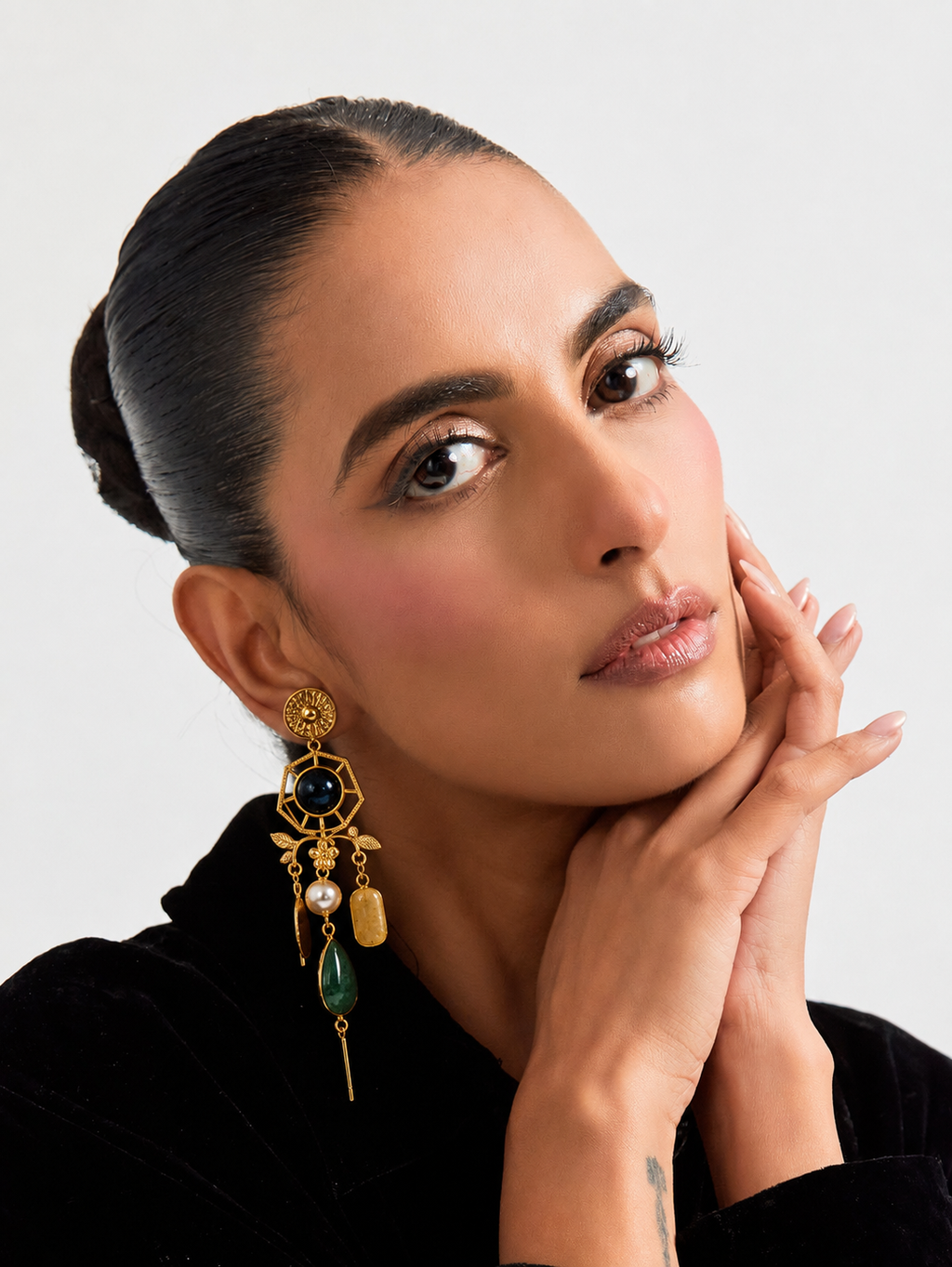 Midnight Bloom Earrings - 18 Kt Gold Pated - Decorated with Semi precious stones - Perfect for all occasions