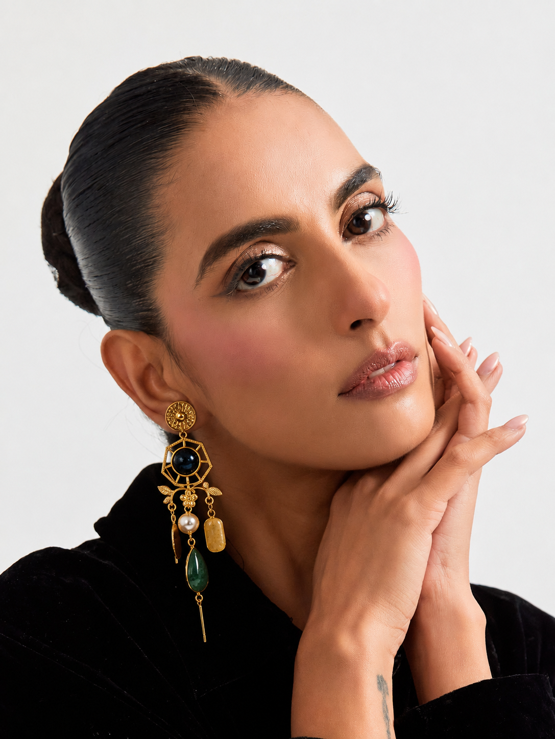 Midnight Bloom Earrings - 18 Kt Gold Pated - Decorated with Semi precious stones - Perfect for all occasions