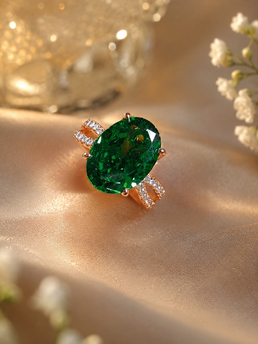 Emerald Green Crystal Statement Ring | Stainless Steel Anti Tarnish Adjustable Ring