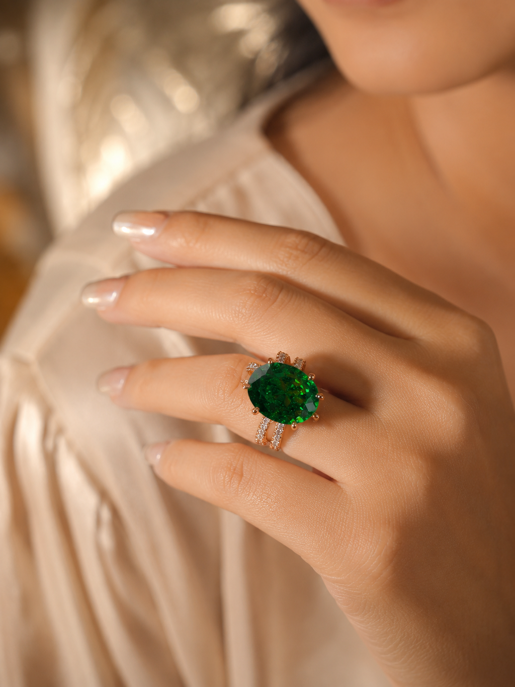 Emerald Green Crystal Statement Ring | Stainless Steel Anti Tarnish Adjustable Ring
