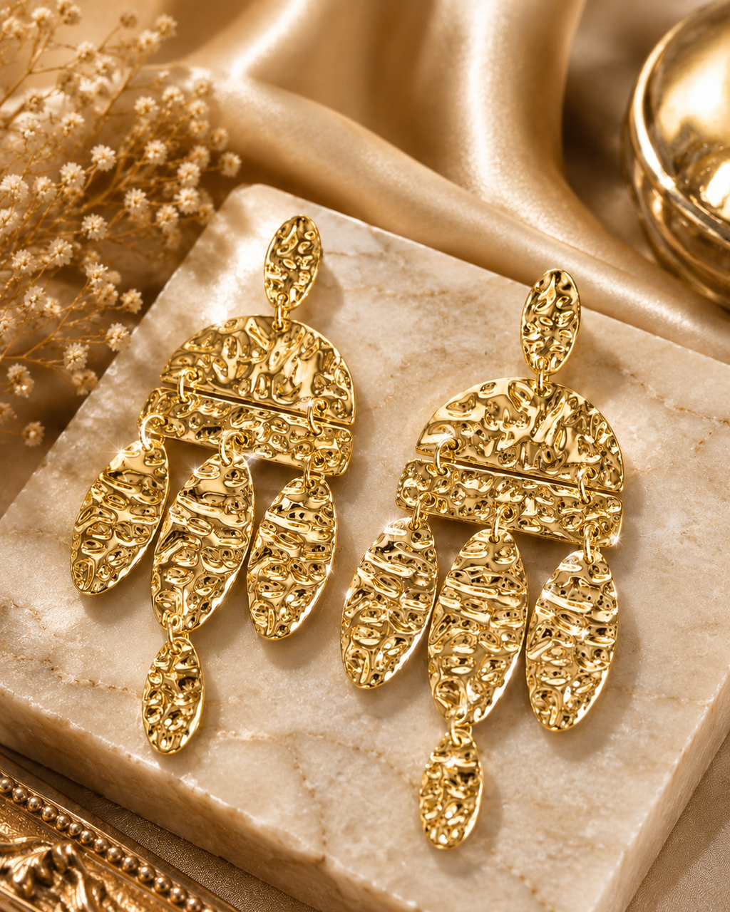 Textured Gold Chandelier Earrings | Stainless Steel Anti Tarnish Statement Earrings