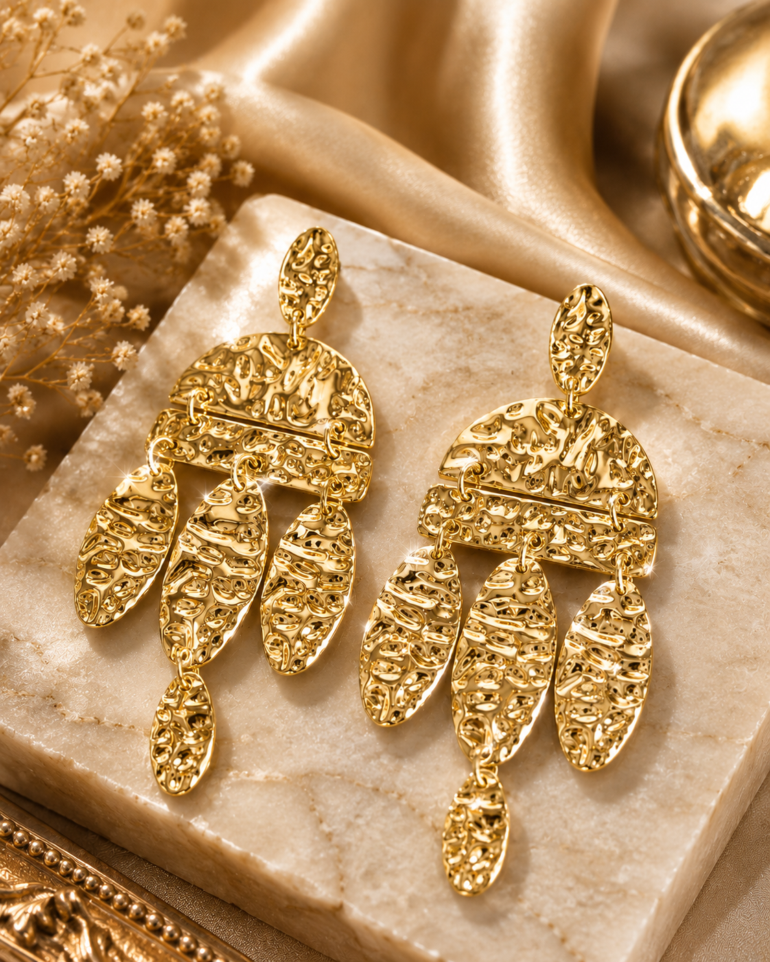 Textured Gold Chandelier Earrings | Stainless Steel Anti Tarnish Statement Earrings