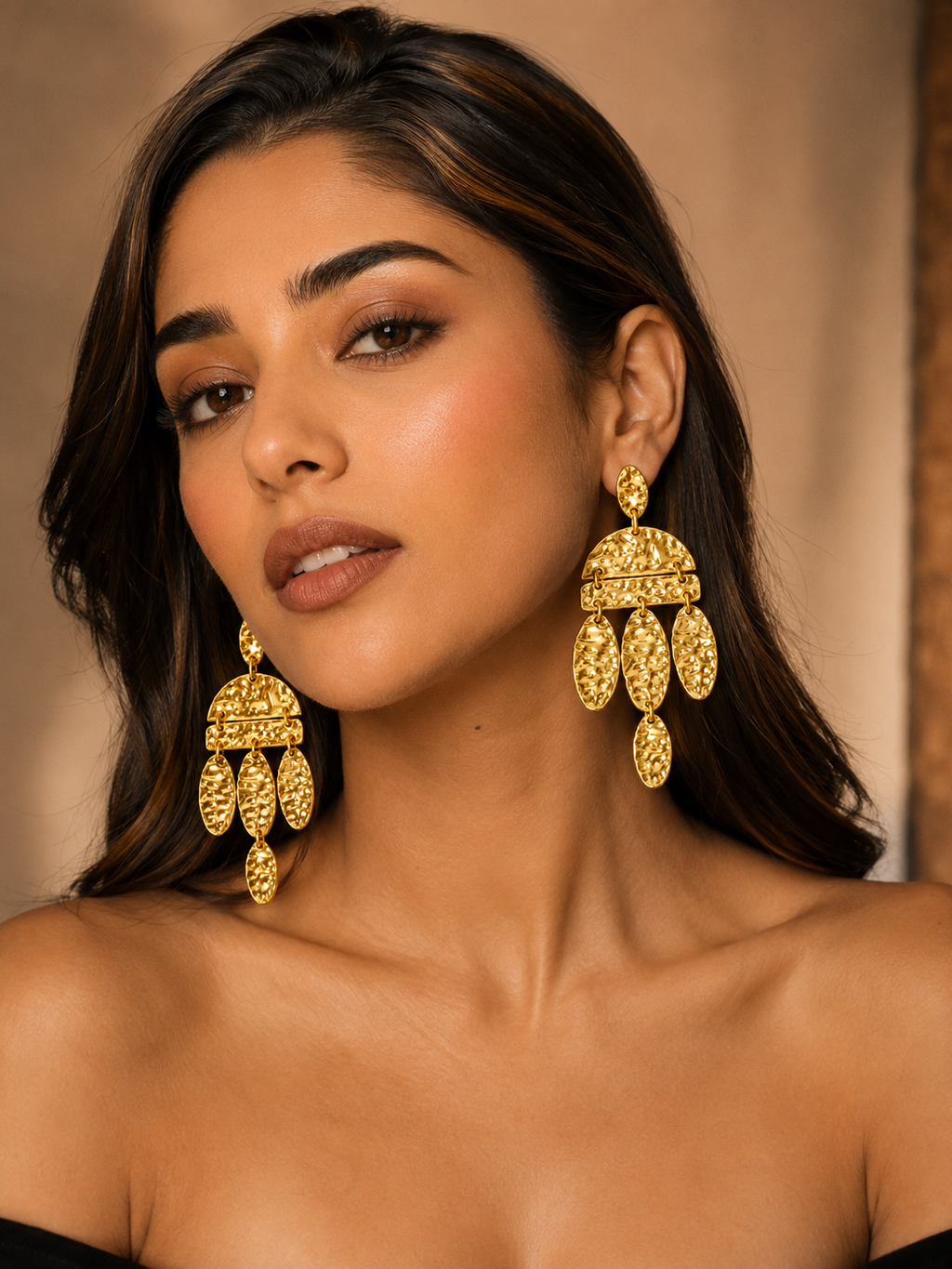 Textured Gold Chandelier Earrings | Stainless Steel Anti Tarnish Statement Earrings