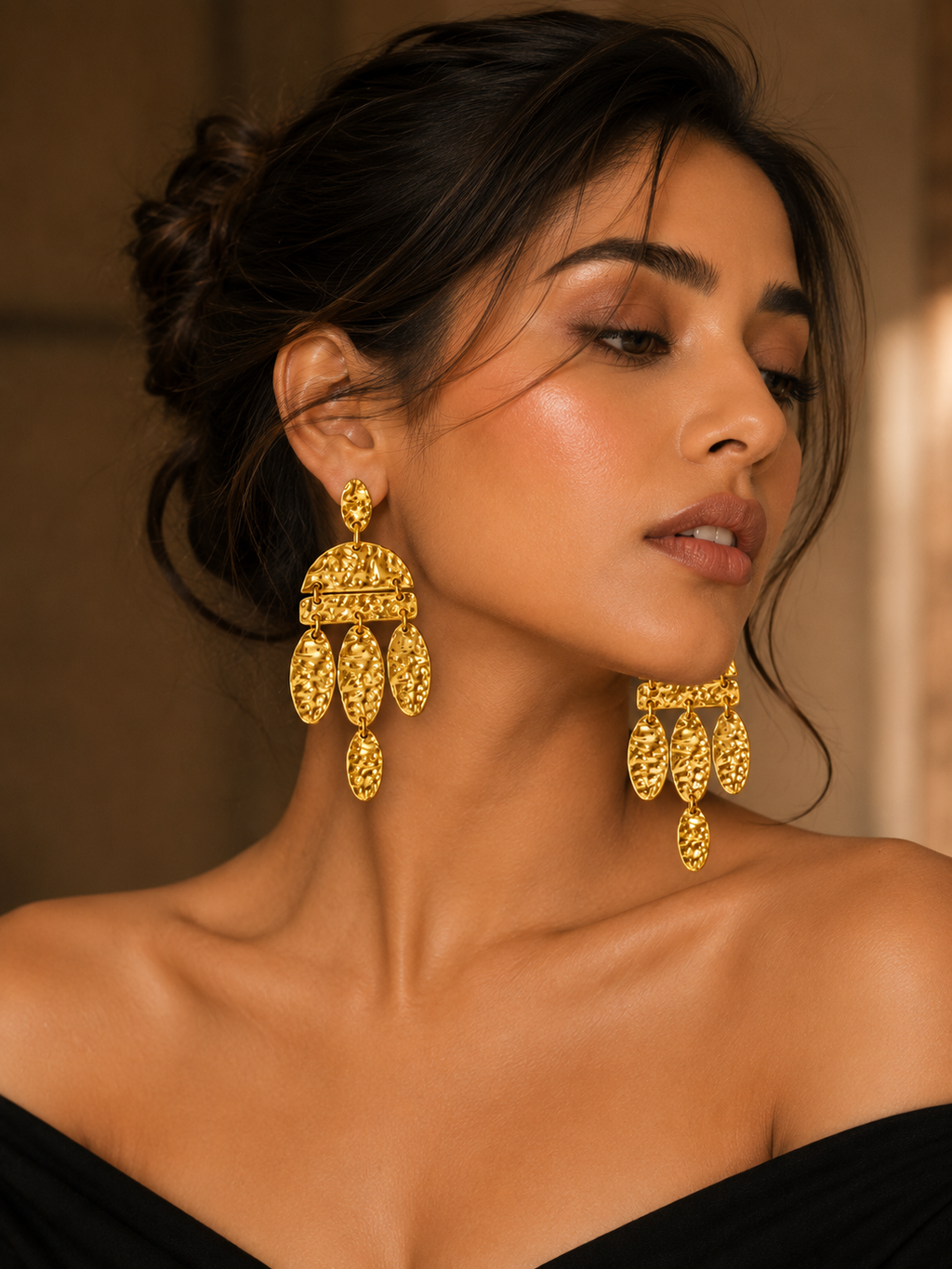 Textured Gold Chandelier Earrings | Stainless Steel Anti Tarnish Statement Earrings