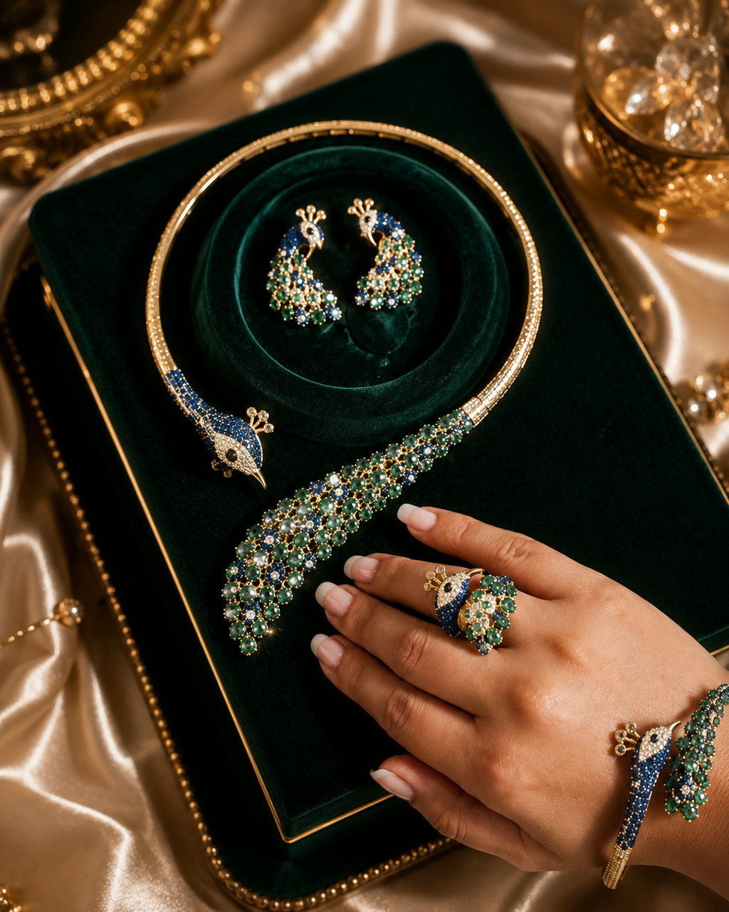 Royal Peacock Statement Jewelry Set | Nano setting Necklace, Earrings , bracelet & Adjustable Ring Set for Women