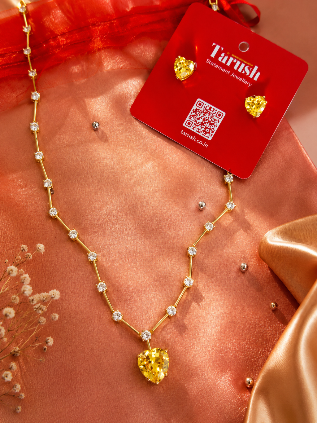 Yellow Diamond Look - Heart Jewelry Set | Stainless Steel Anti Tarnish Necklace, Earrings & Ring Set