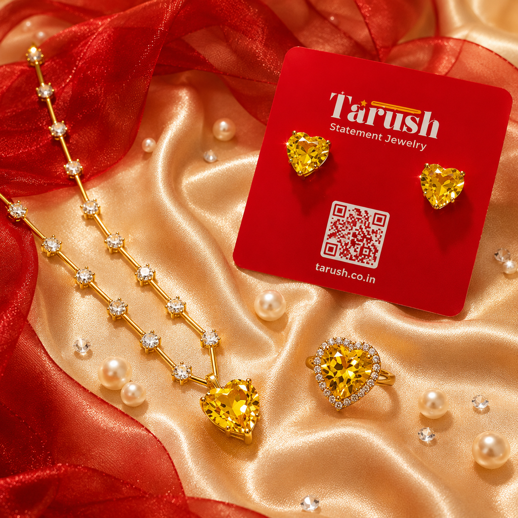 Yellow Diamond Look - Heart Jewelry Set | Stainless Steel Anti Tarnish Necklace, Earrings & Ring Set