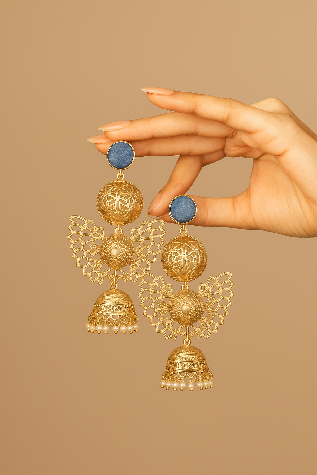 18 Kt Gold Plated, Brass, Blue Butterfly Jhumka Earring - Look Glamorous with These Blue Jhumkas Semi Precious stone