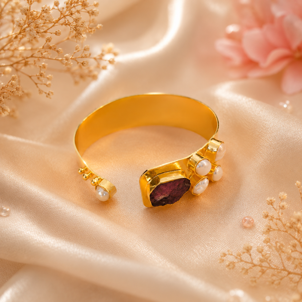 Semi Precious Banagle 18 Kt Gold Plated Pink Tourmaline & Pearl Open Cuff Kada for Women