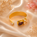 Semi Precious Banagle 18 Kt Gold Plated Pink Tourmaline & Pearl Open Cuff Kada for Women
