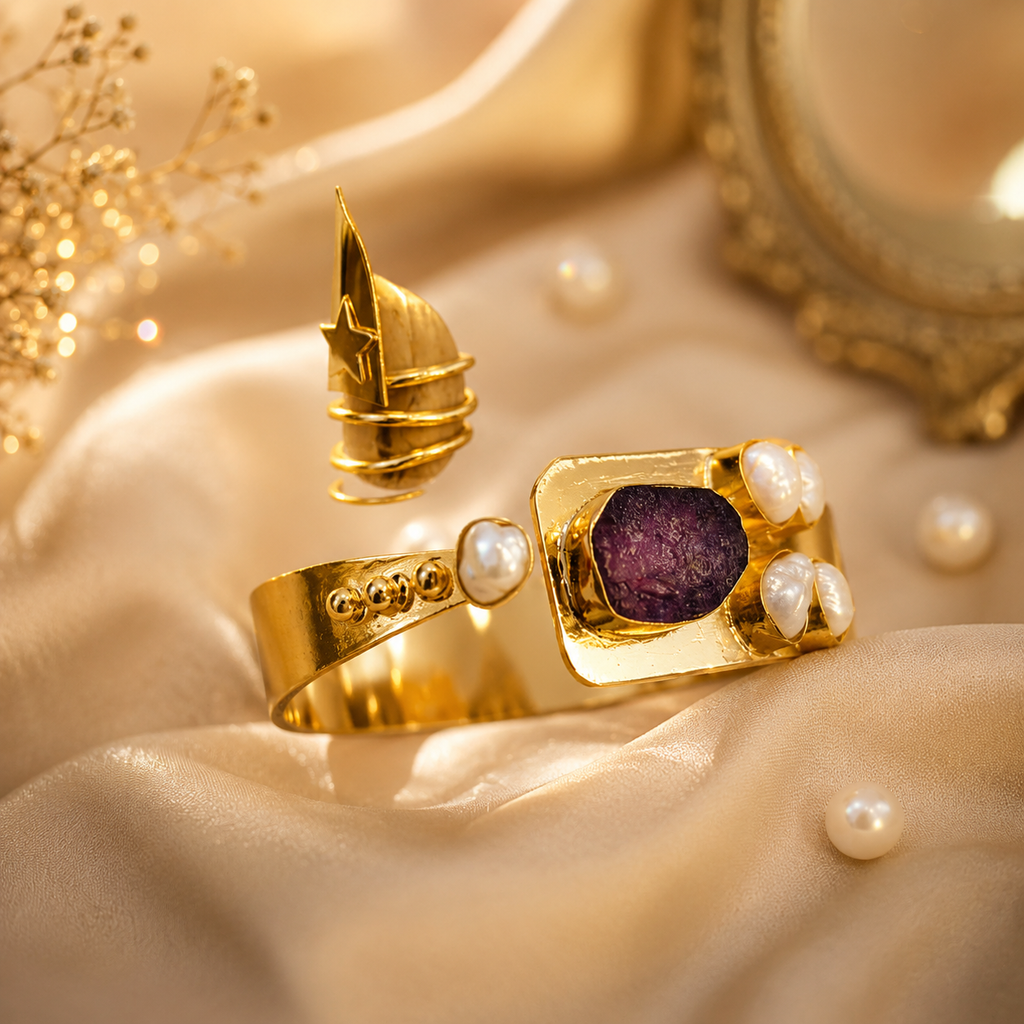 Semi Precious Banagle 18 Kt Gold Plated Pink Tourmaline & Pearl Open Cuff Kada for Women