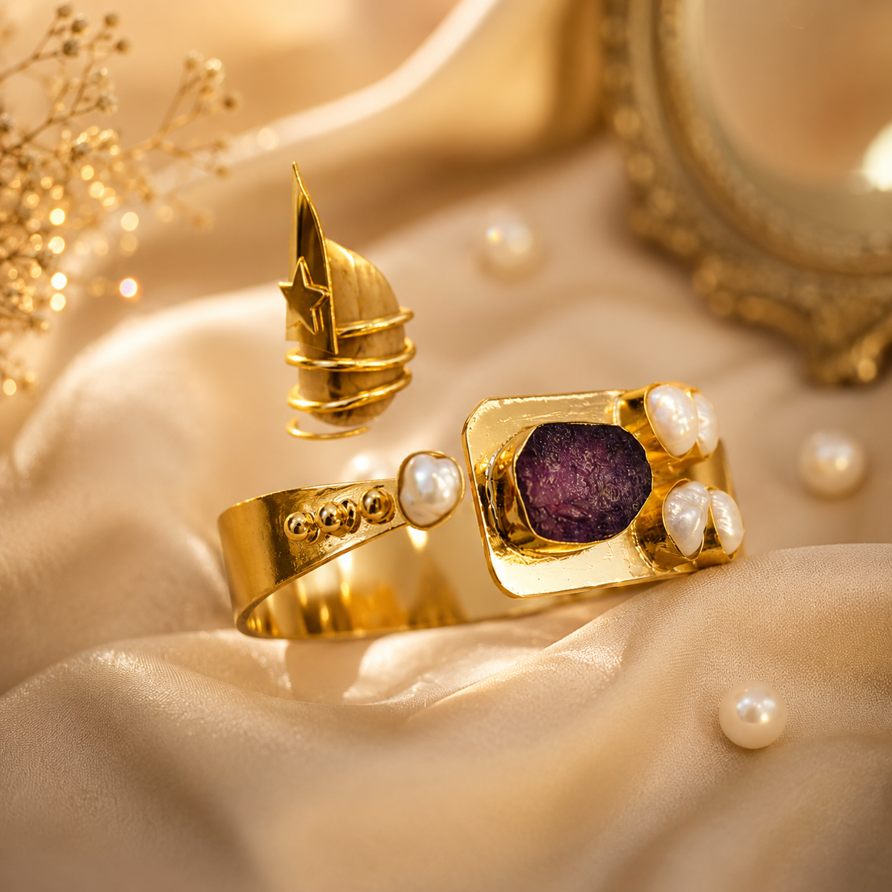 Semi Precious Banagle 18 Kt Gold Plated Pink Tourmaline & Pearl Open Cuff Kada for Women
