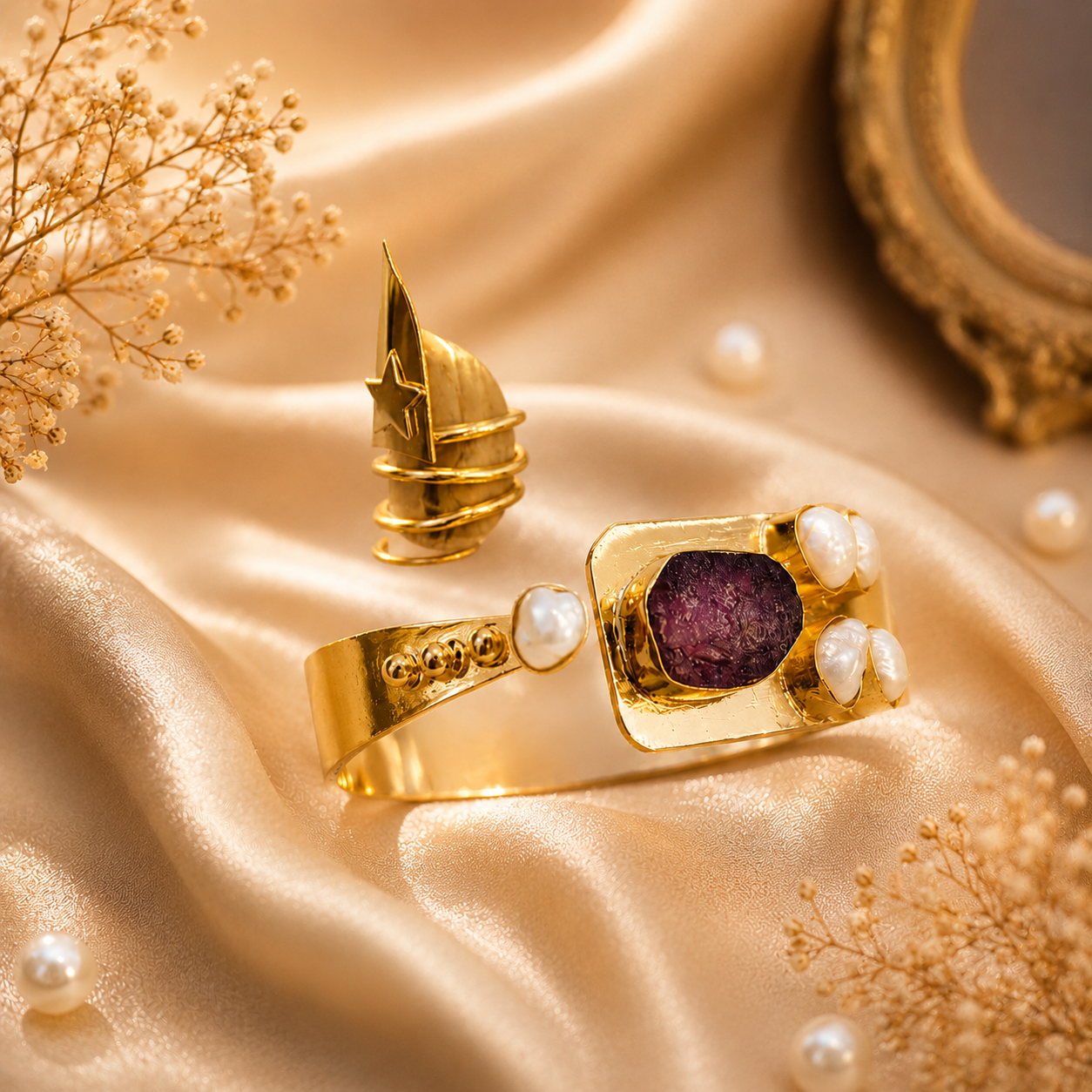 Semi Precious Banagle 18 Kt Gold Plated Pink Tourmaline & Pearl Open Cuff Kada for Women