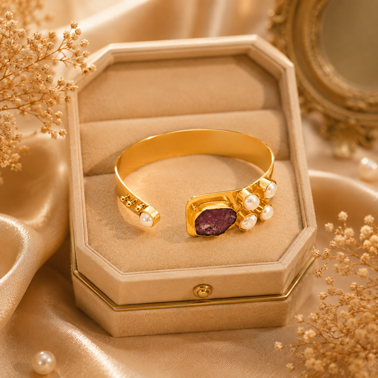 Semi Precious Banagle 18 Kt Gold Plated Pink Tourmaline & Pearl Open Cuff Kada for Women
