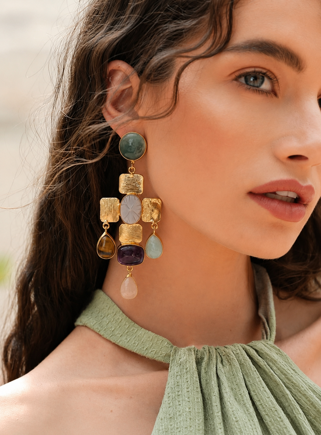 Tarush Multi-Stone Geometric Drop Earrings - Indo-Western Statement Jewellery - Stones Colour May Vary