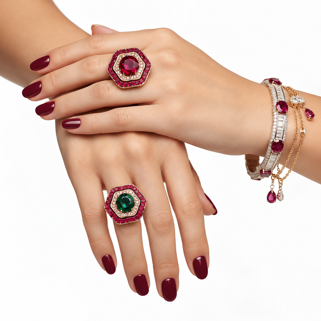 Glamorous Red and Green Diamond Look (DIAMOND REPLICA) Ring | Stainless Steel Anti Tarnish Adjustable Ring