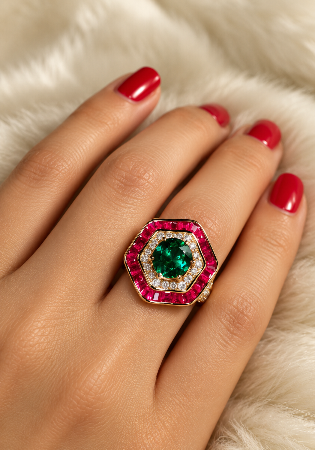Glamorous Red and Green Diamond Look (DIAMOND REPLICA) Ring | Stainless Steel Anti Tarnish Adjustable Ring