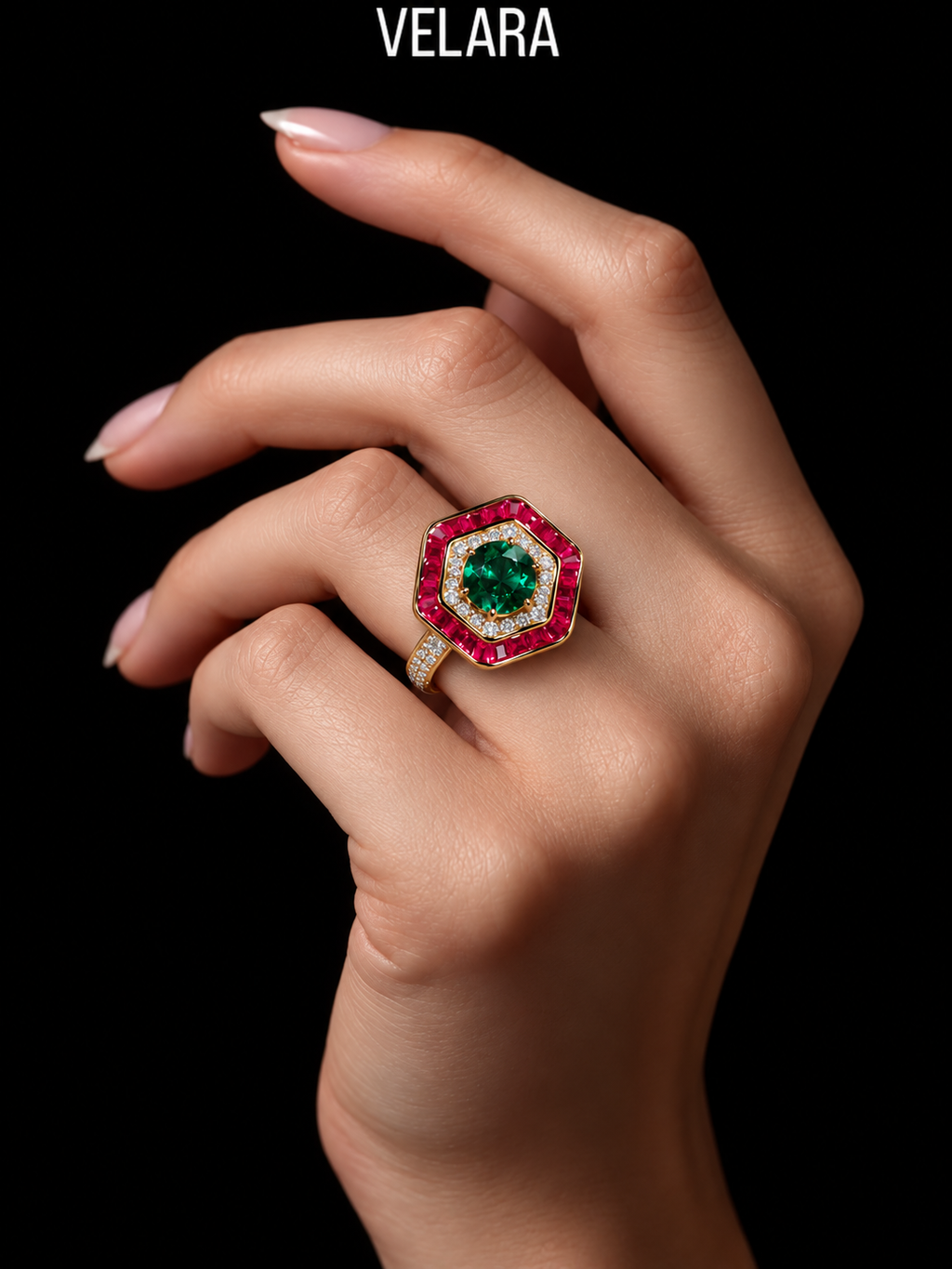 Glamorous Red and Green Diamond Look (DIAMOND REPLICA) Ring | Stainless Steel Anti Tarnish Adjustable Ring