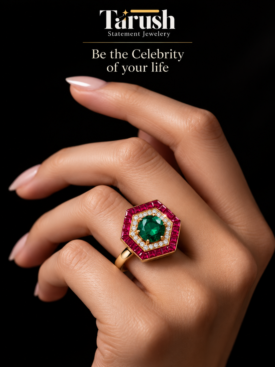 Glamorous Red and Green Diamond Look (DIAMOND REPLICA) Ring | Stainless Steel Anti Tarnish Adjustable Ring