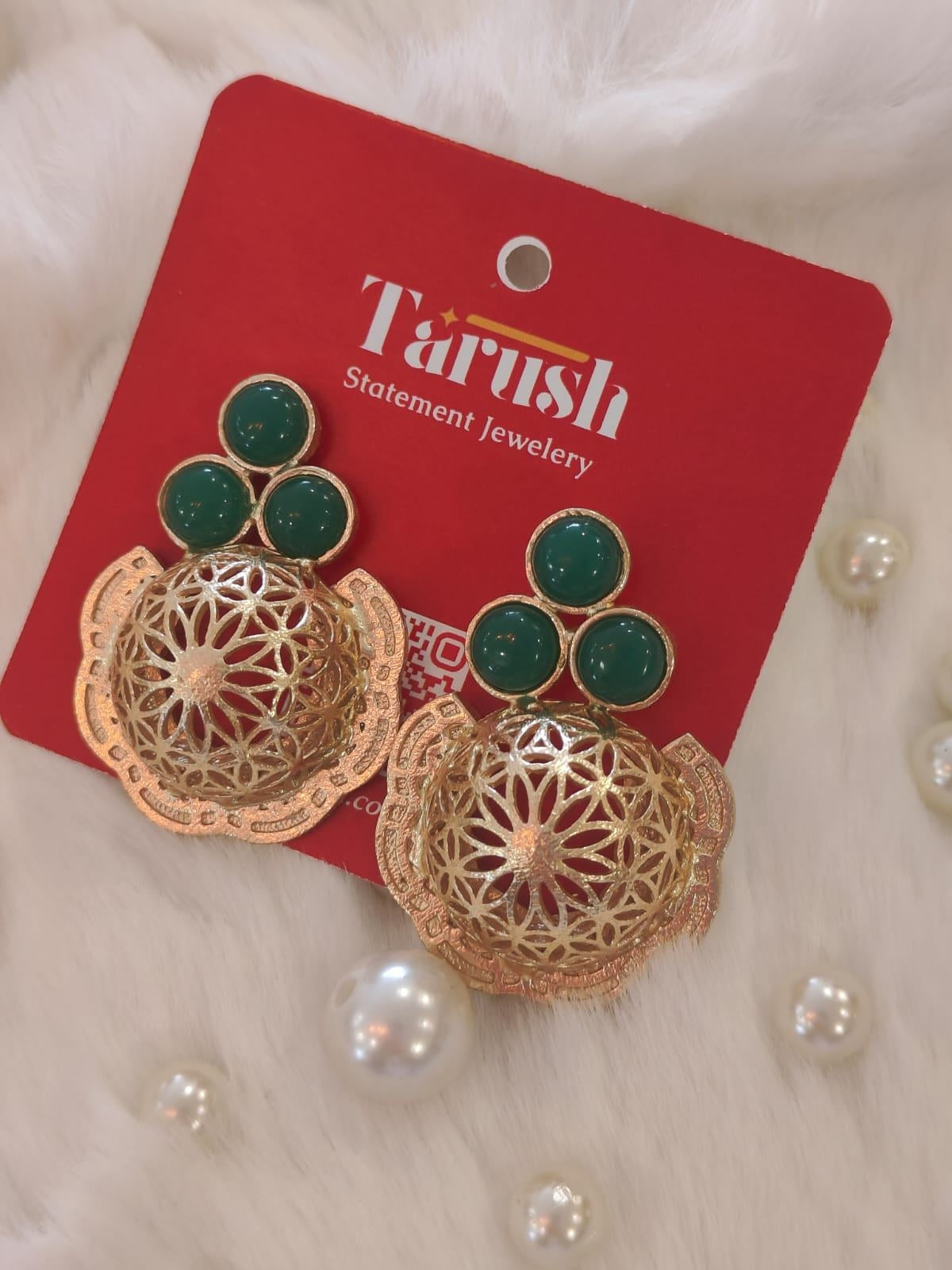 18 Kt Gold Plated Green dome earring Semi Precious stone