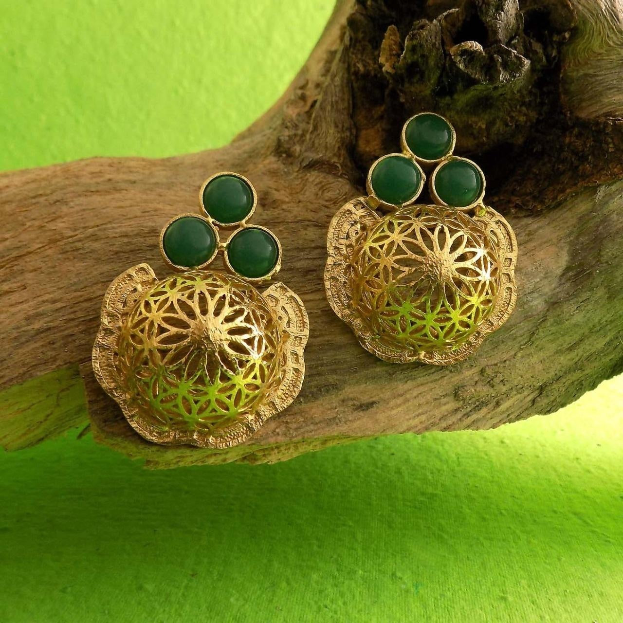 18 Kt Gold Plated Green dome earring Semi Precious stone
