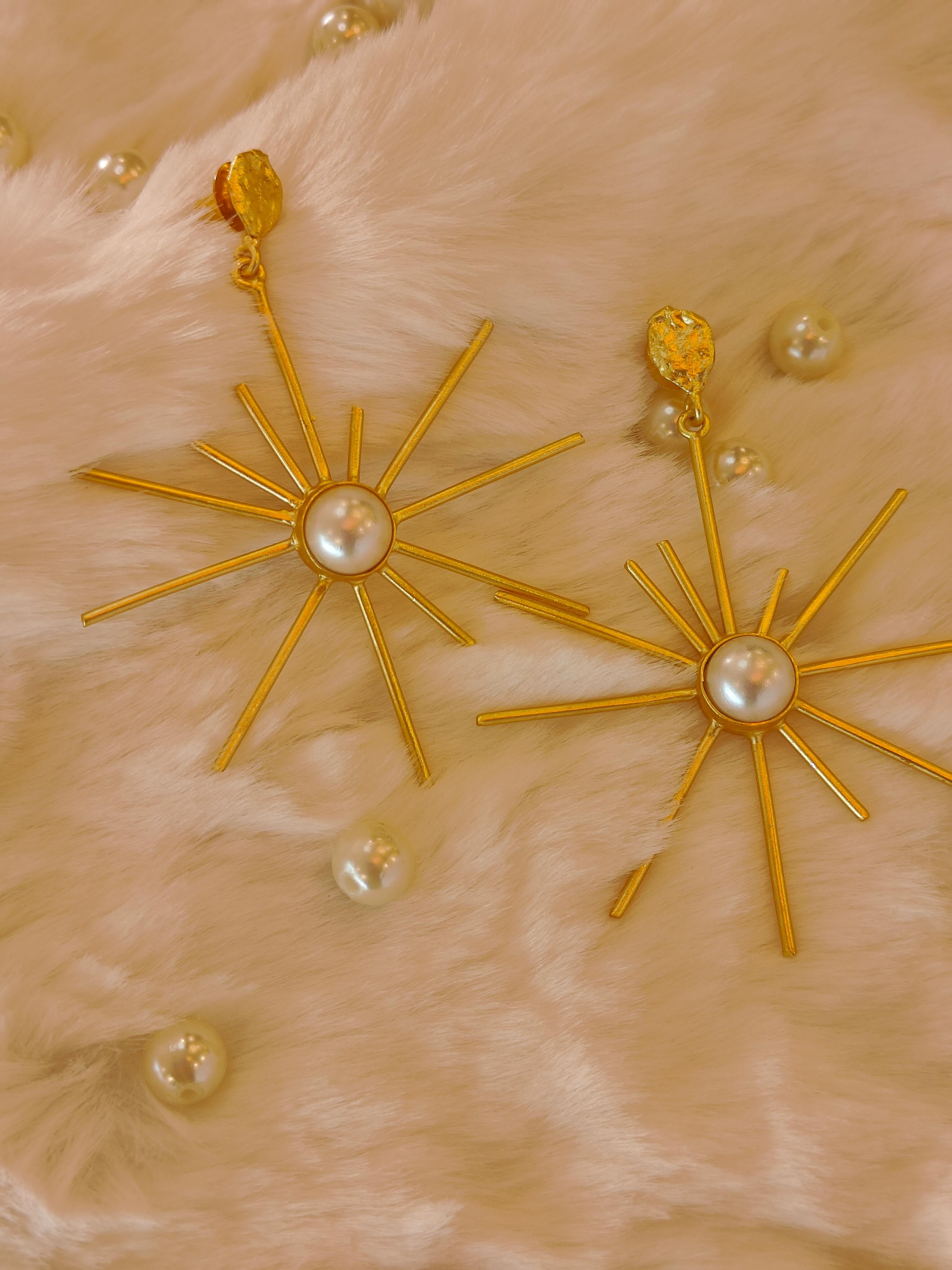 18 Kt Gold Plated Sun pearl and gold earrings Semi Precious stone