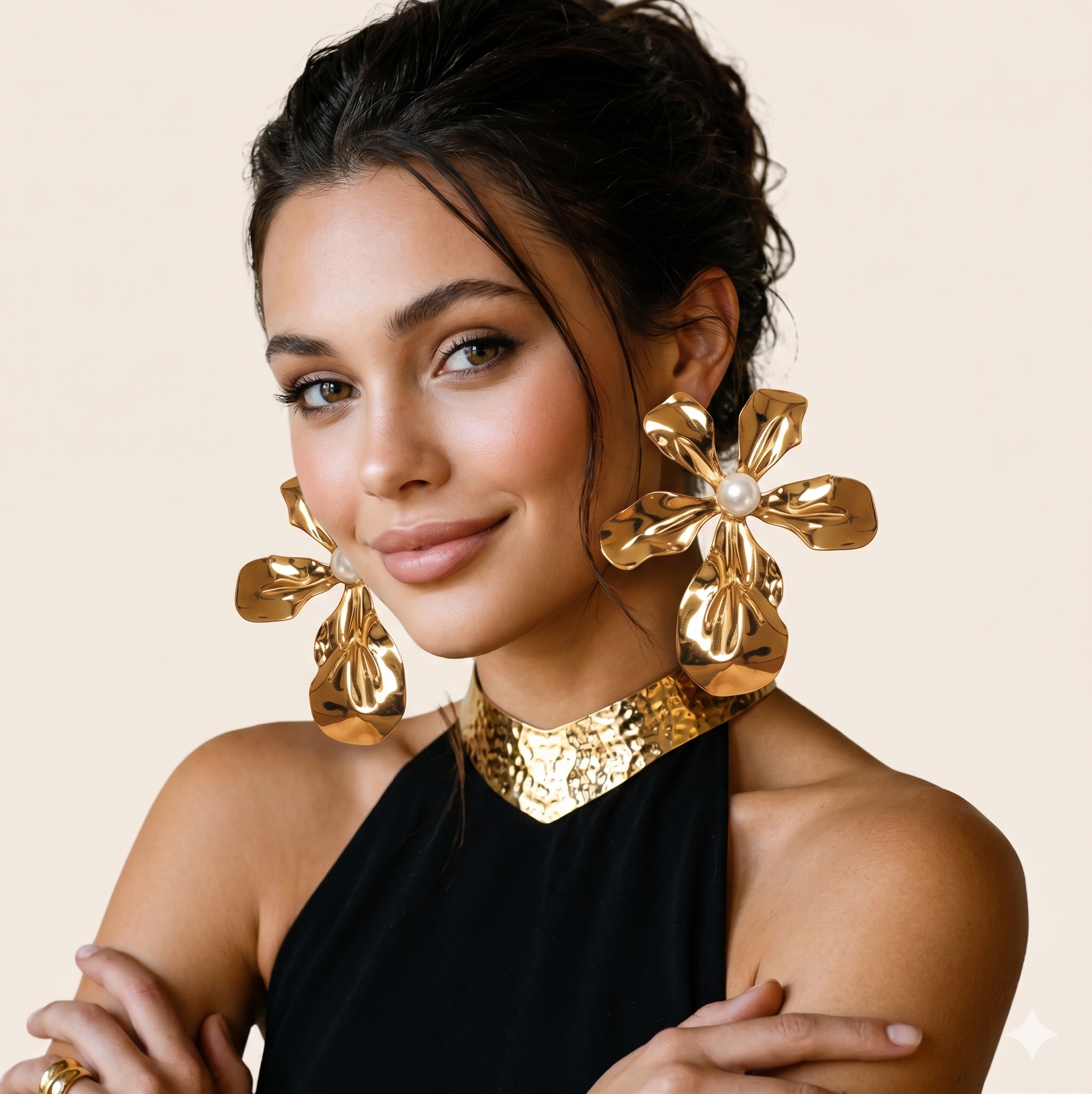 18 Kt Gold Plated SS gold flower big earring Semi Precious stone