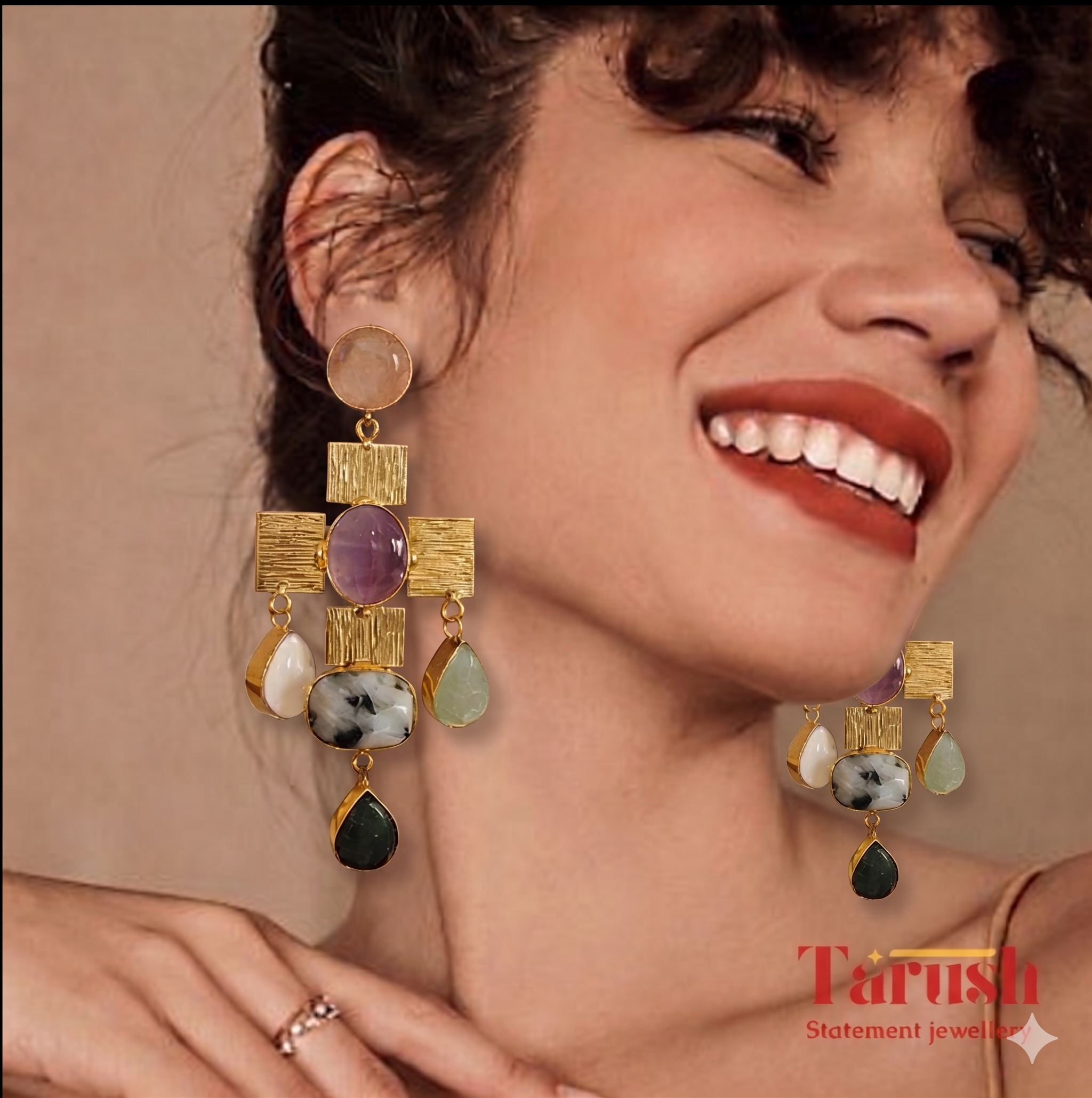 Tarush Multi-Stone Geometric Drop Earrings - Indo-Western Statement Jewellery - Stones Colour May Vary