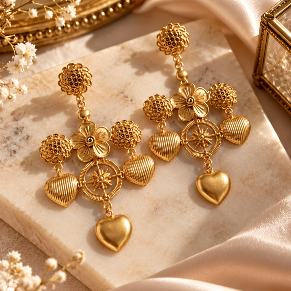 The Golden Hearts Earrings - 18 Kt Gold Plated Light weight - Dangling Ear Cuffs - Make A Statement