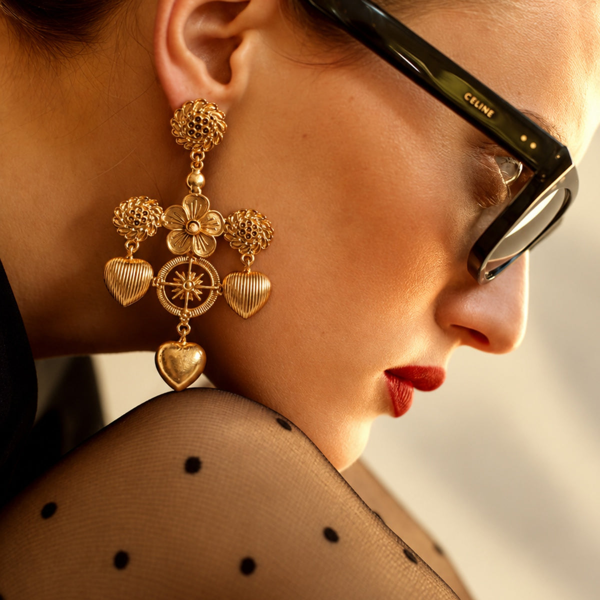 The Golden Hearts Earrings - 18 Kt Gold Plated Light weight - Dangling Ear Cuffs - Make A Statement