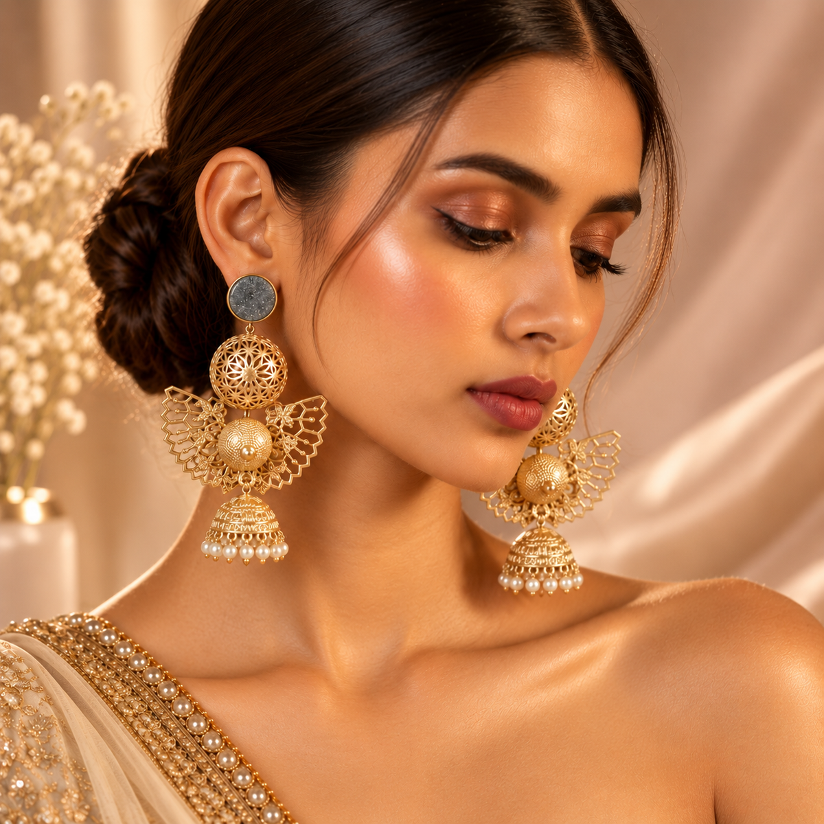 18 Kt Gold Plated, Brass, Blue Butterfly Jhumka Earring - Look Glamorous with These Blue Jhumkas Semi Precious stone