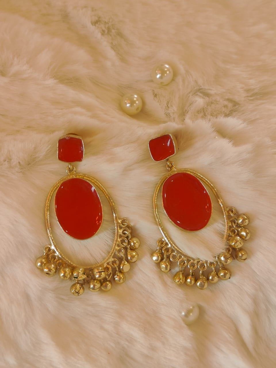 18 Kt Gold Plated Red Ghungroo Jhumka Earring Semi Precious stone