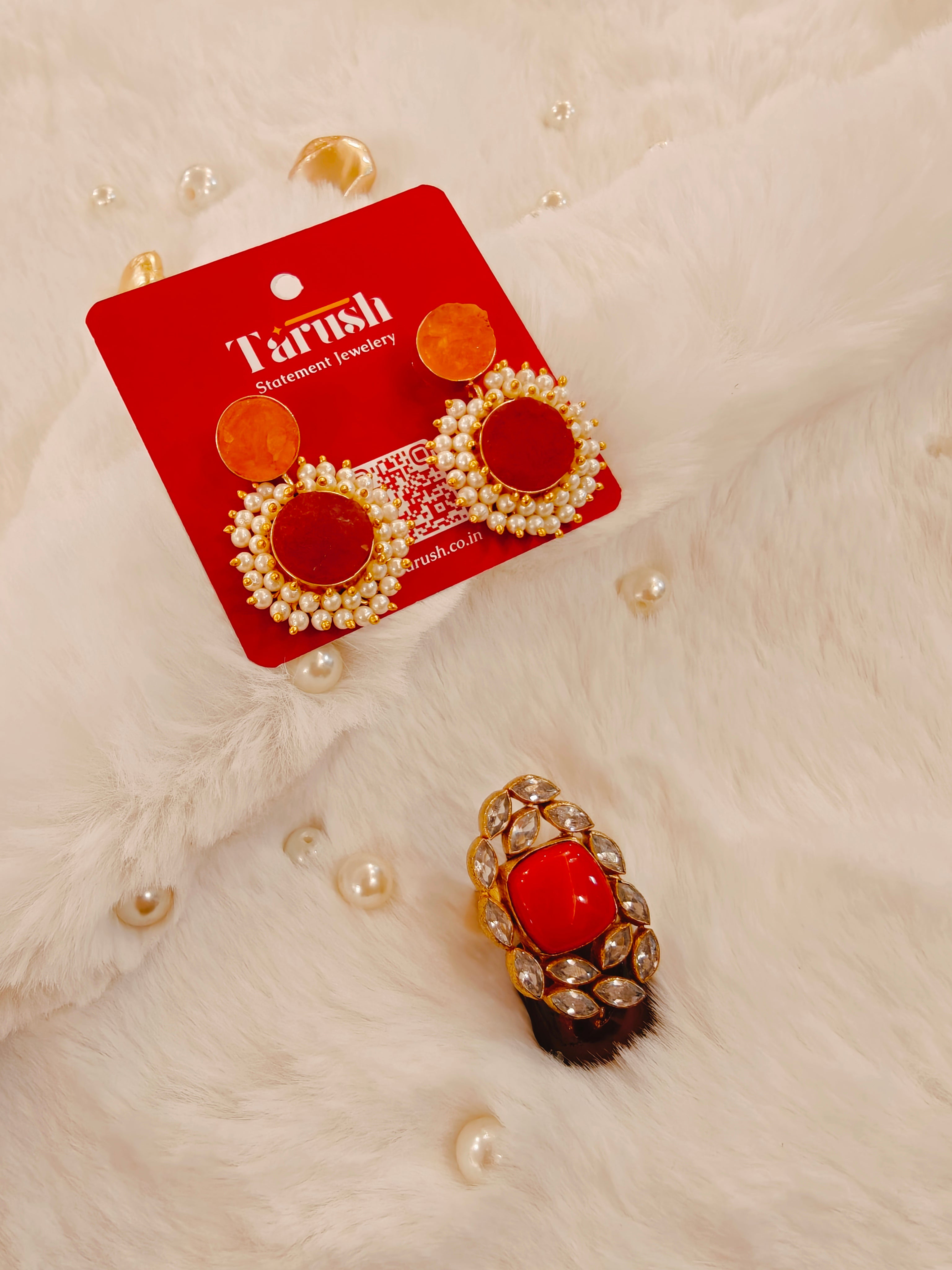 18 Kt Gold Plated Gold Orange earring and ring Semi Precious stone