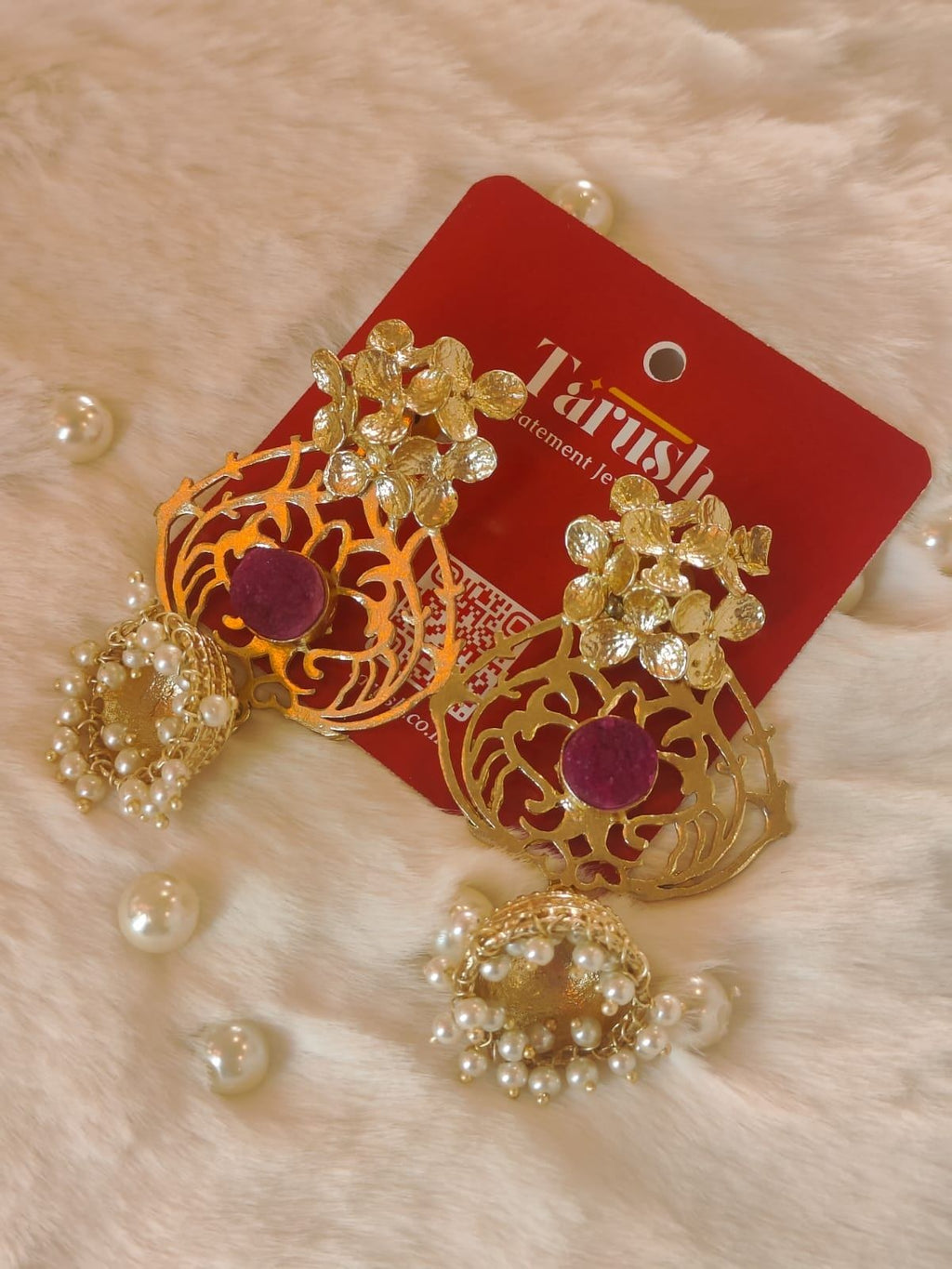 18 Kt Gold Plated Brass Jhumka - Stunning Pink Semi-Precious Stone - Perfect for Your Festivals Semi Precious stone