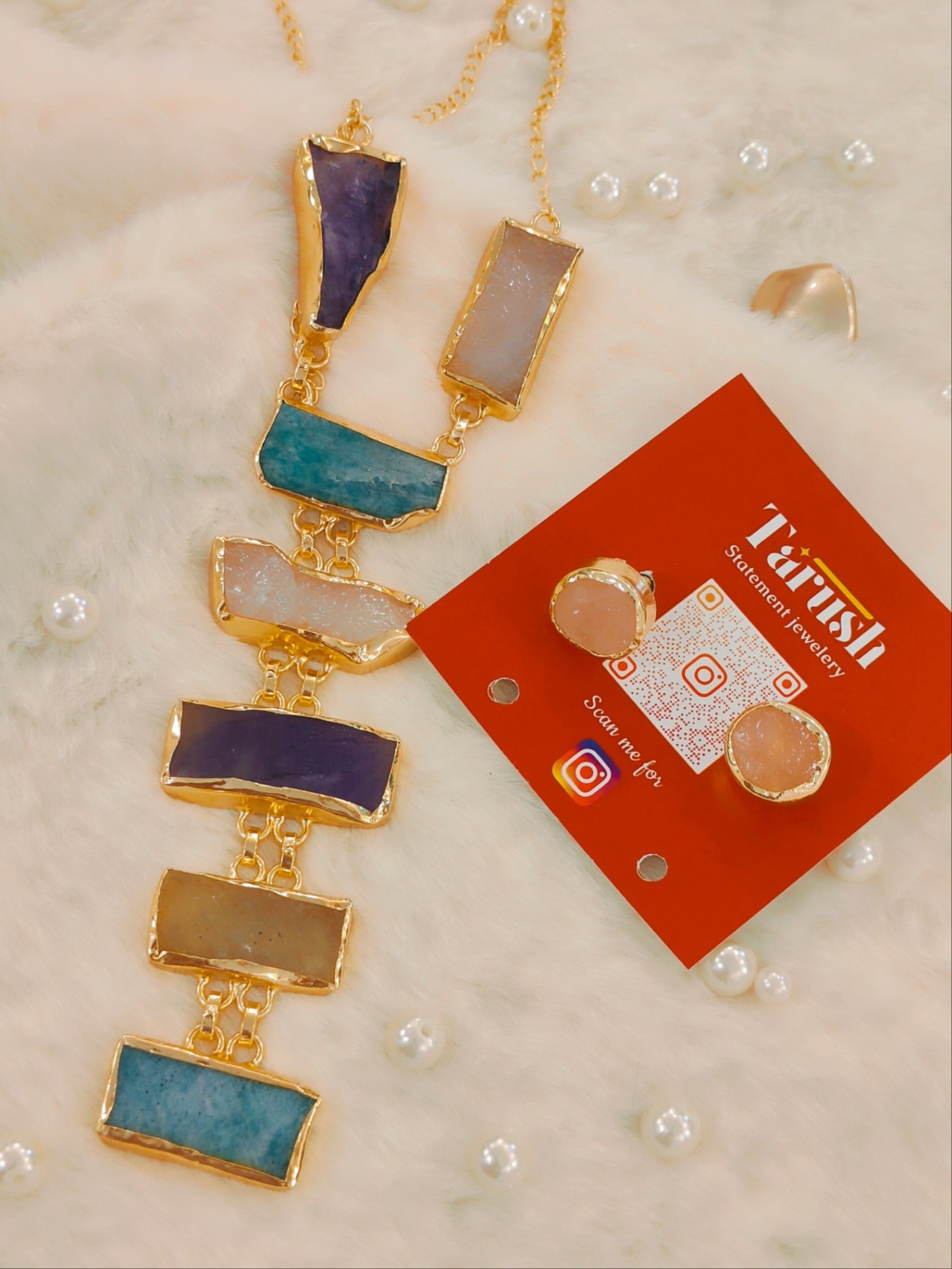 18 Kt Gold Plated Druzy long neckless set Semi Precious stone