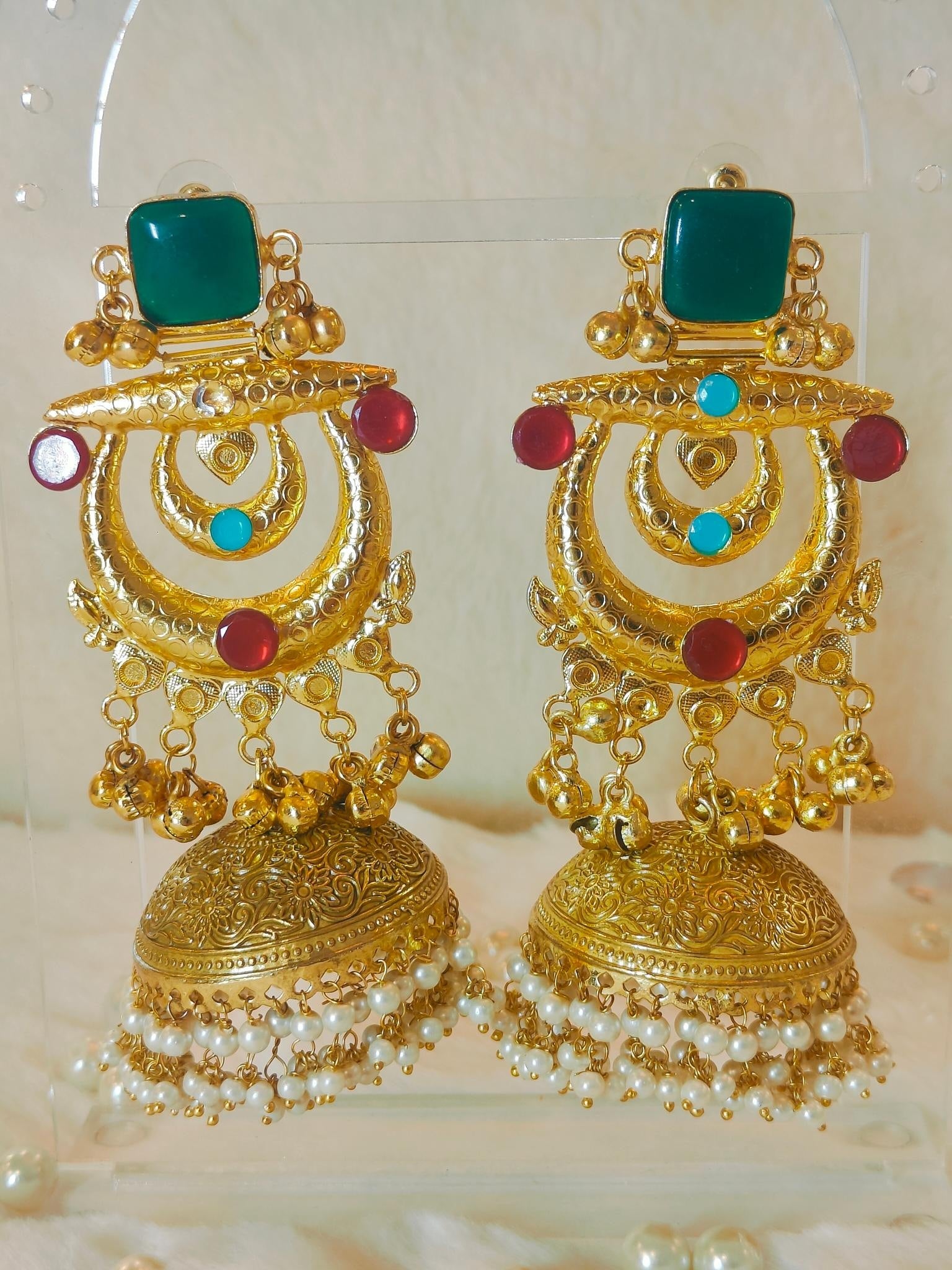 18 Kt Gold Plated Kashmiri jhumka Semi Precious stone