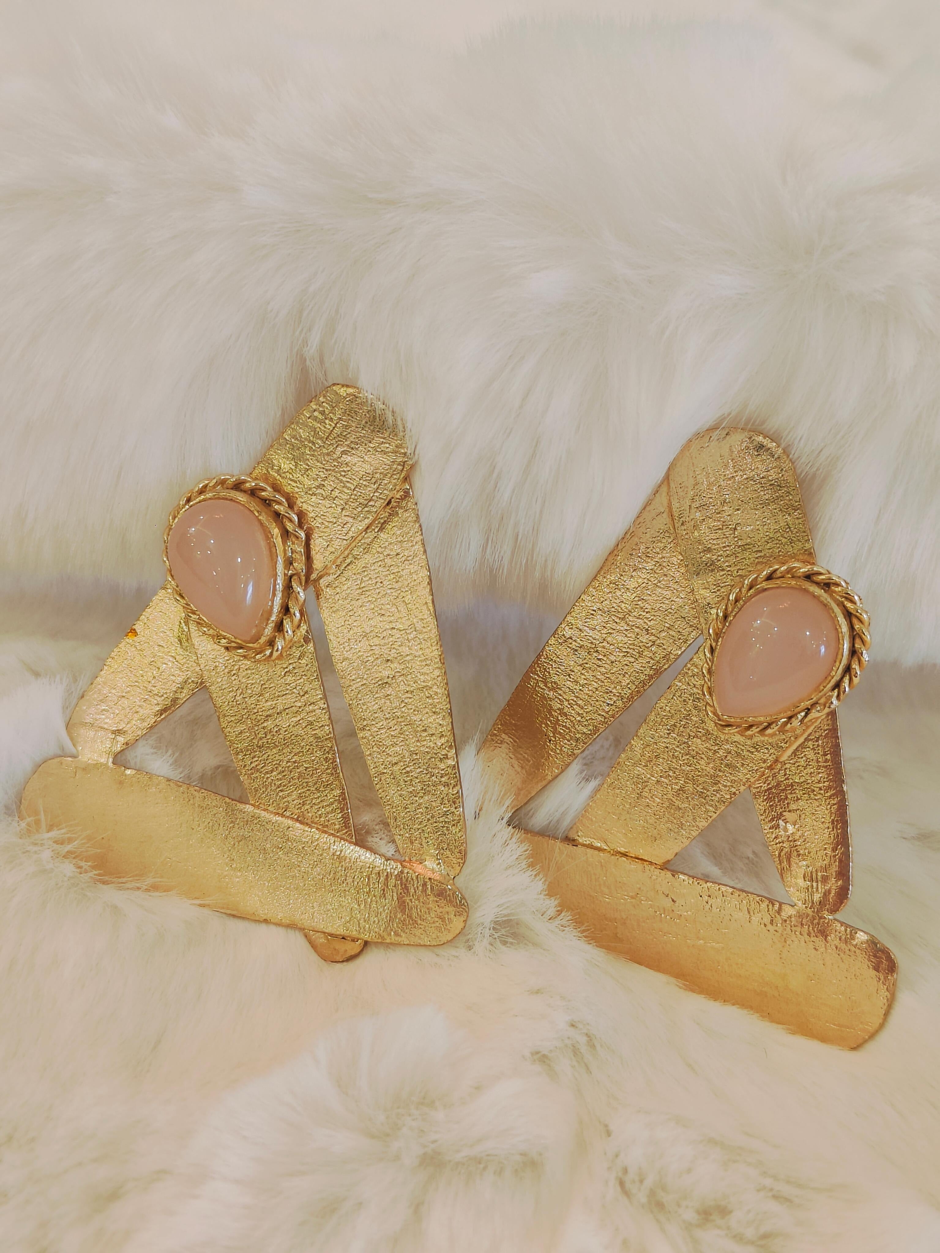 18 Kt Gold Plated Pink abstract triangle earring Semi Precious stone