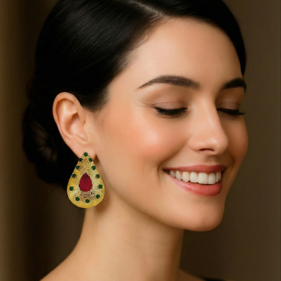 18 Kt Gold Plated gold with red and green stone earring Semi Precious stone