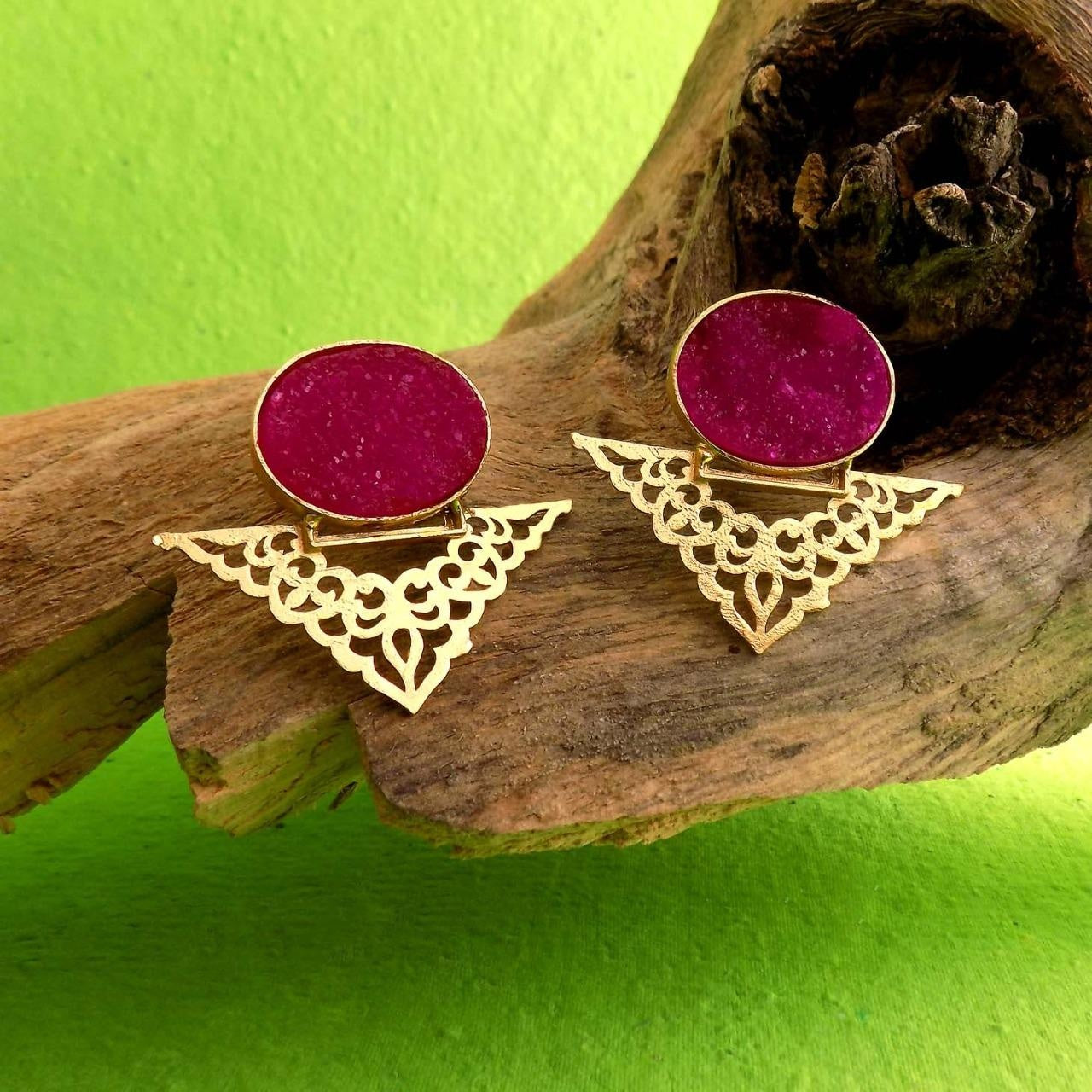 pink druzy triangle earring