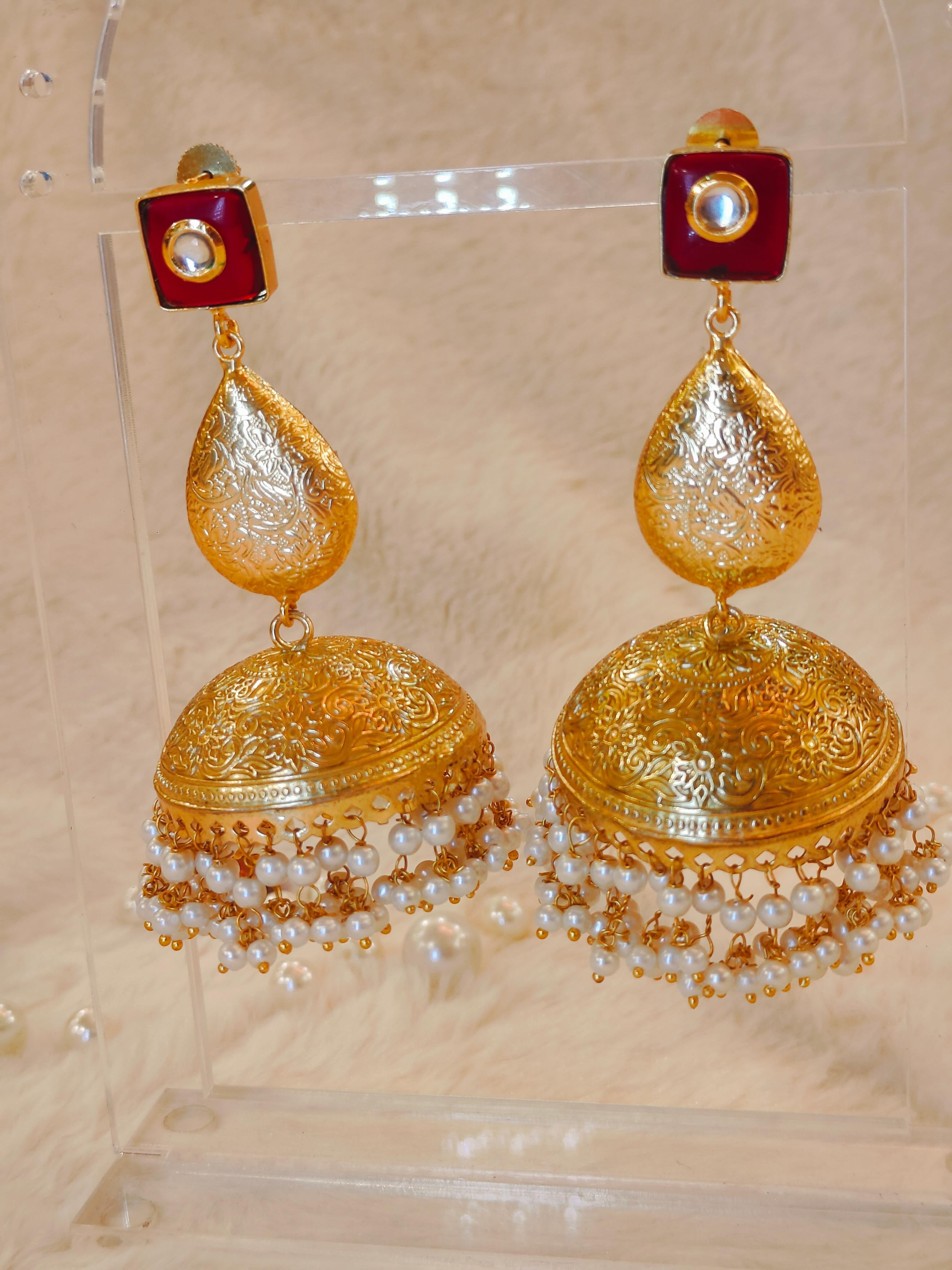 18 Kt Gold Plated Red big Jhumka Semi Precious stone
