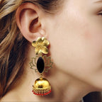 18 Kt Gold Plated Jhumka black and red earring Semi Precious stone