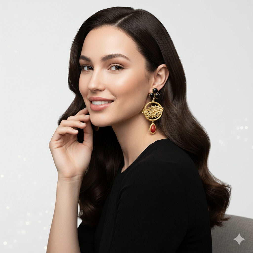 18 Kt Gold Plated Red and Black Earring - Make a Statement Semi Precious stone