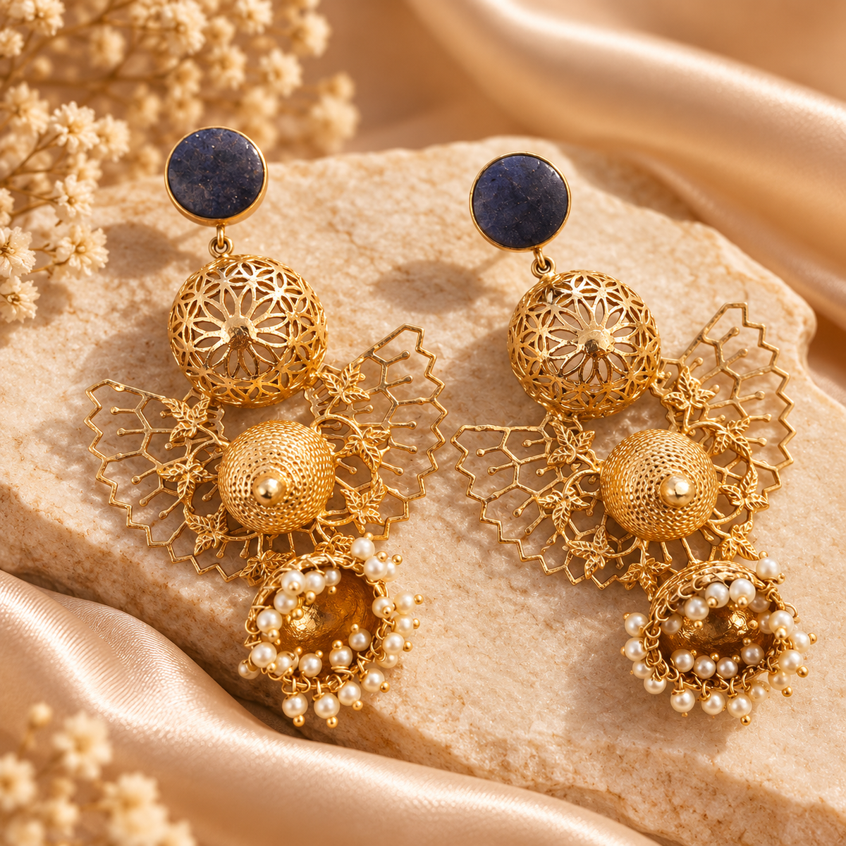 18 Kt Gold Plated, Brass, Blue Butterfly Jhumka Earring - Look Glamorous with These Blue Jhumkas Semi Precious stone