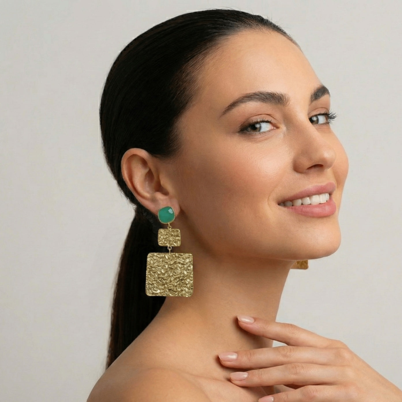 18 Kt Gold Plated 18kt Gold Plated - Green Stone Square Hammered - Dangler Earrings - Perfect for all Occasions Semi Precious stone