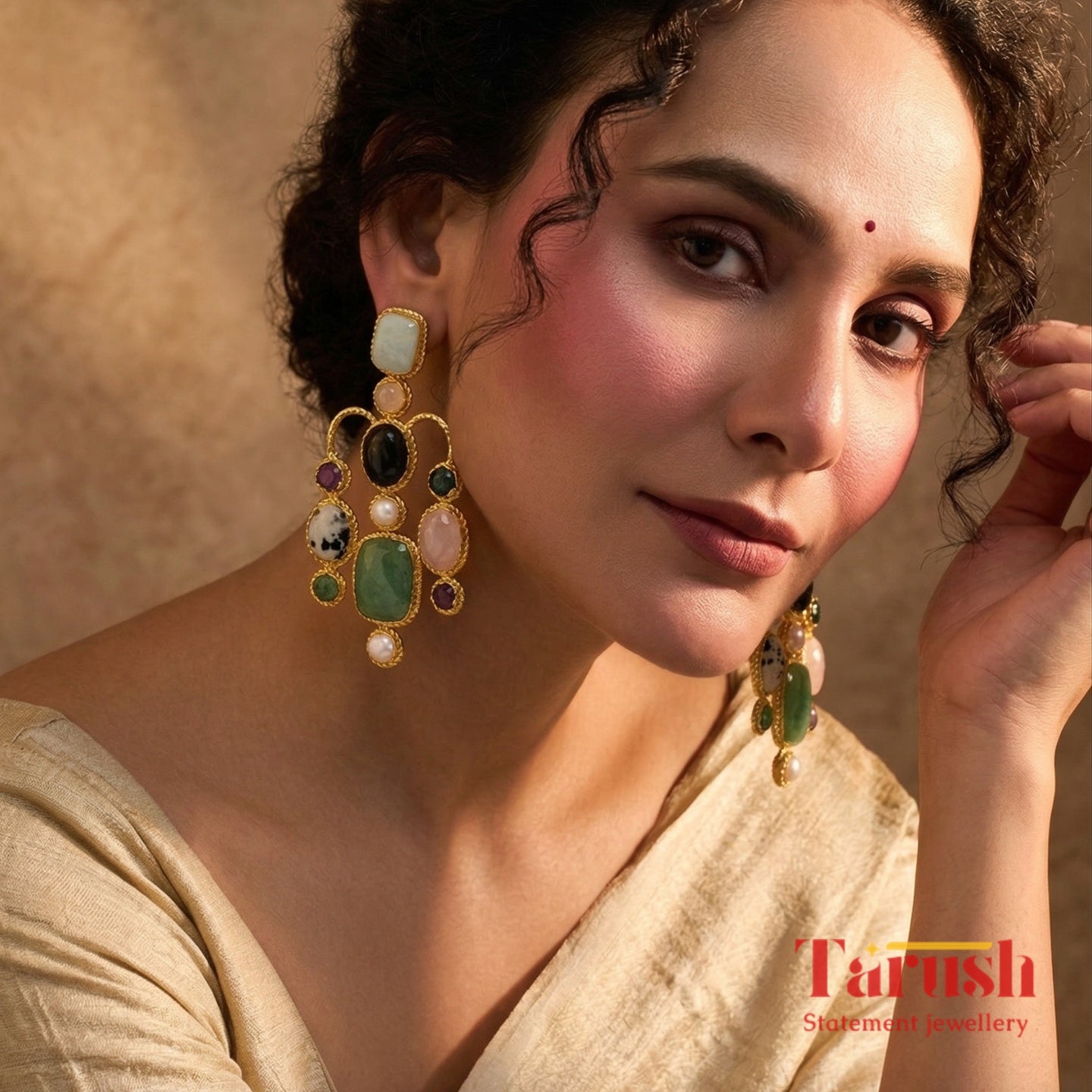 Tarush Premium Multi-Stone Victorian Earrings - Real Gem Stones - Indo-Western Statement Earrings - Stones Colour May Vary