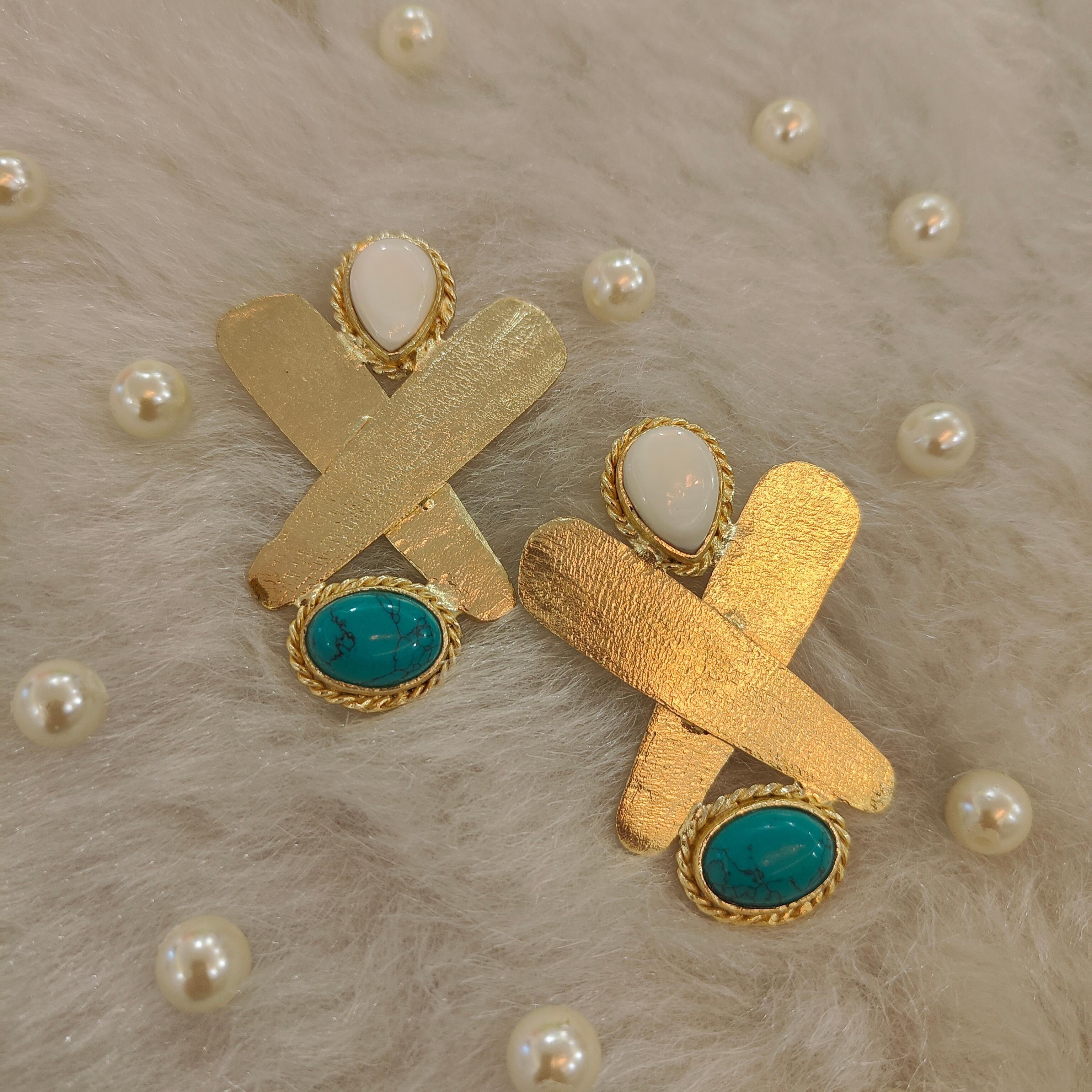 Statement 18 Kt Gold Plated - X Blue Turquoise earring - Make a Statement